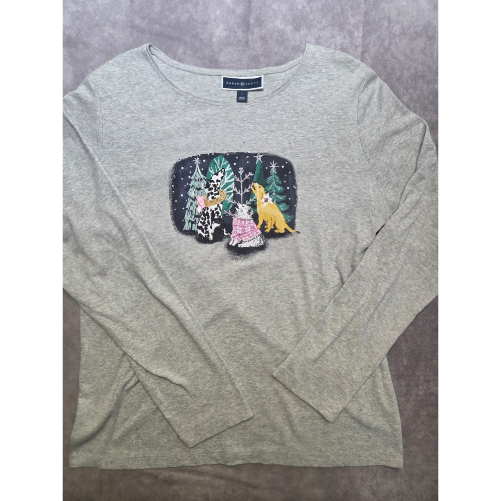 Grannycore Large Gray Long Sleeve Embellished T Shirt Dogs Holiday Snow